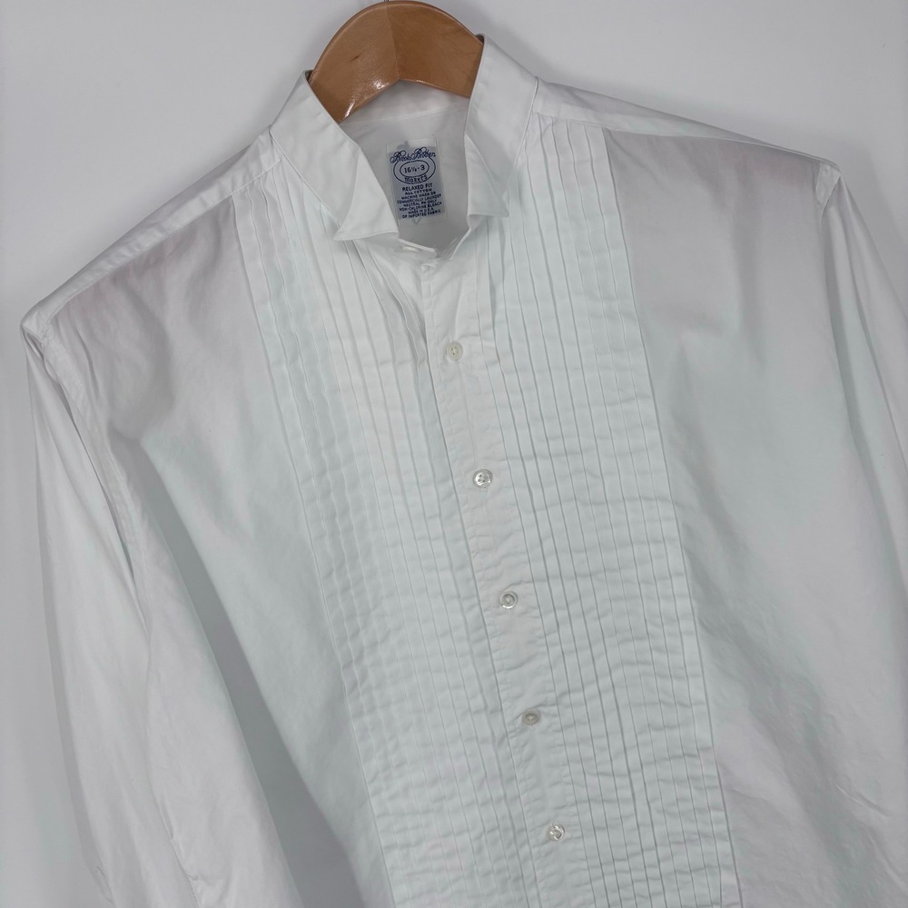 VTG Brooks Brothers Makers Tuxedo Shirt Mens 16.5-3 White Pleated Wingtip USA